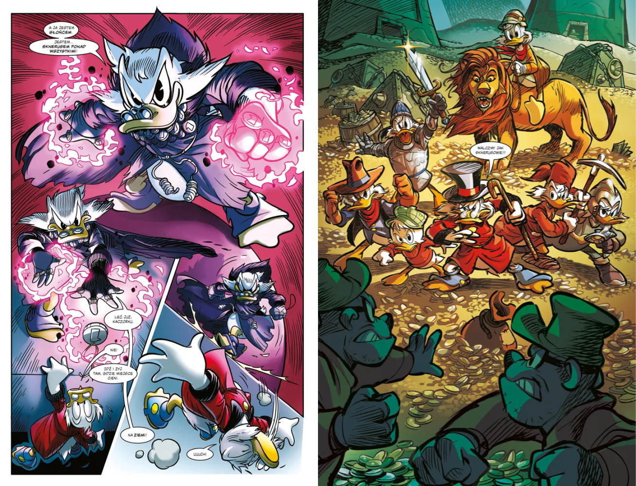 Wybrane strony z komiksu „Wujek Sknerus i Dziesięciocentówka Nieskończoności" , na których widzimy starcie bohaterów z głównym antagonistą