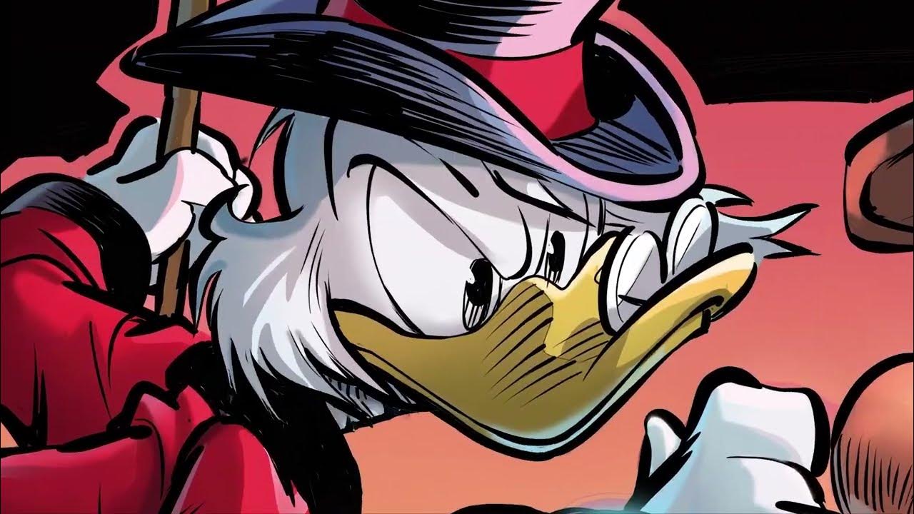 Kadr z komiksu „Wujek Sknerus i Dziesięciocentówka Nieskończoności" przedstawiający tytułową postać, Sknerusa McKwacza