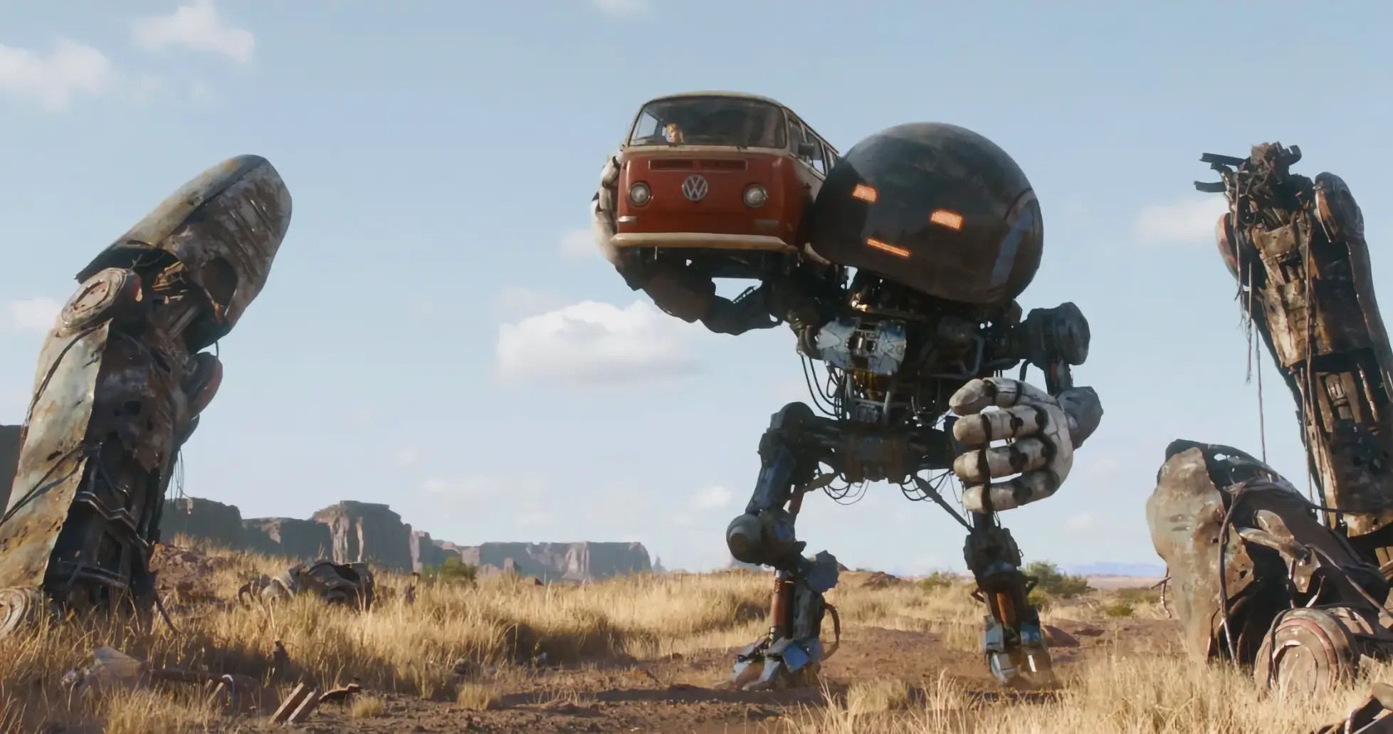 Robot Herman(Anthony Mackie) niosący bohaterów. / Źródło: Netflix